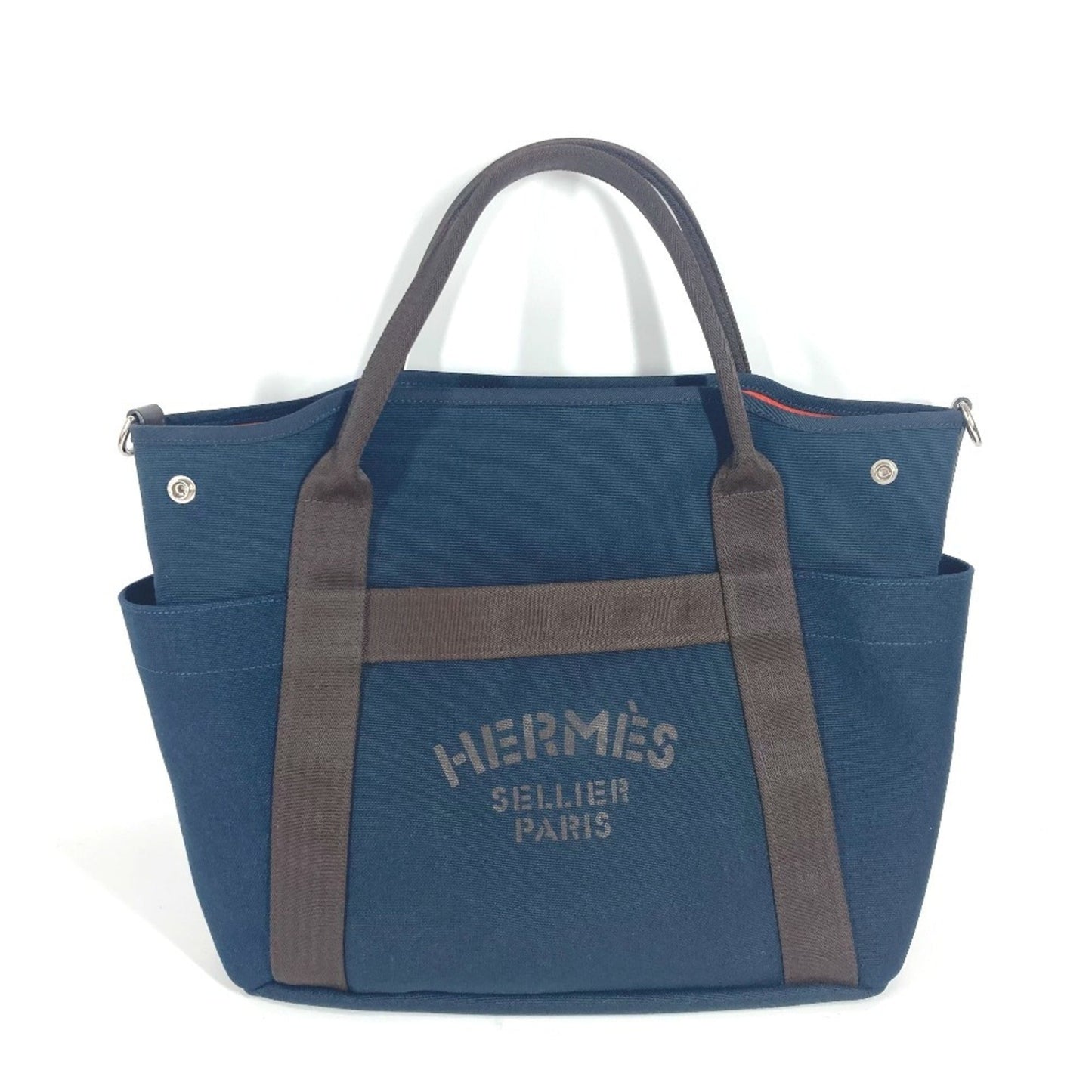 Hermes Navy Orange Leather Canvas Shoulder Bag Tote Bag ( )