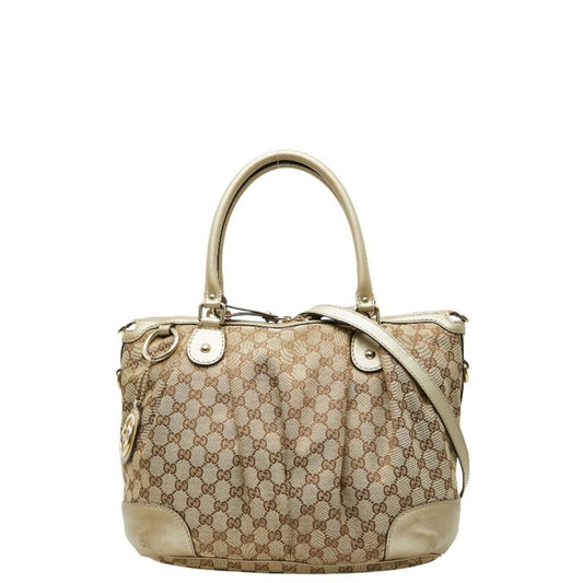Gucci Beige Brown Canvas Leather Shoulder Bag Tote Bag ( )