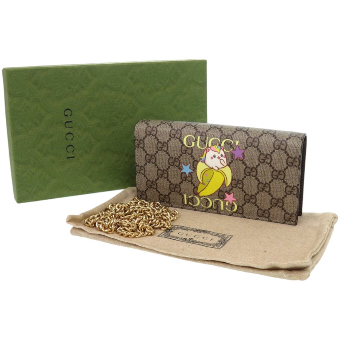 Gucci Beige Brown Multi-Color Gg Supreme Chain/Shoulder Wallet ( )
