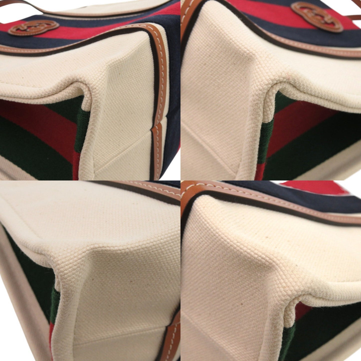 Gucci Sherry Line Navy Red Color White Canvas Tote Bag ( )