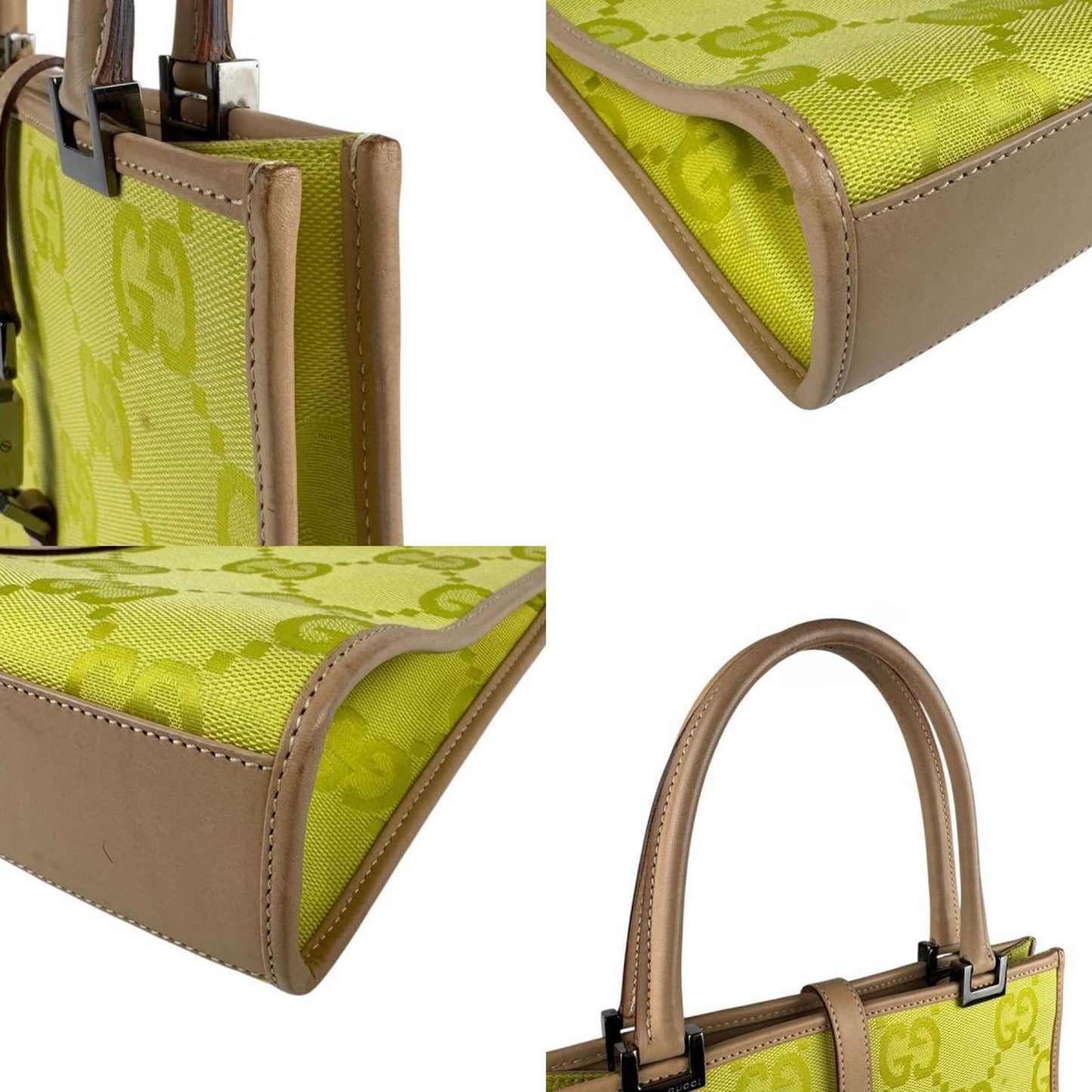 Gucci Beige Green Yellow Nylon Canvas Leather Handbag Shoulder Bag ( )