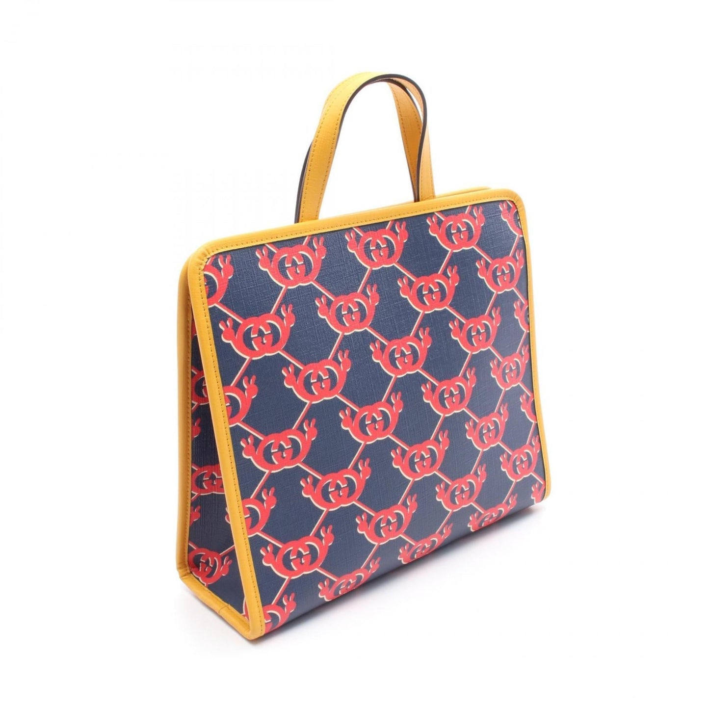 Gucci Navy Red Color Yellow Coated Canvas Leather Tote Bag ( )