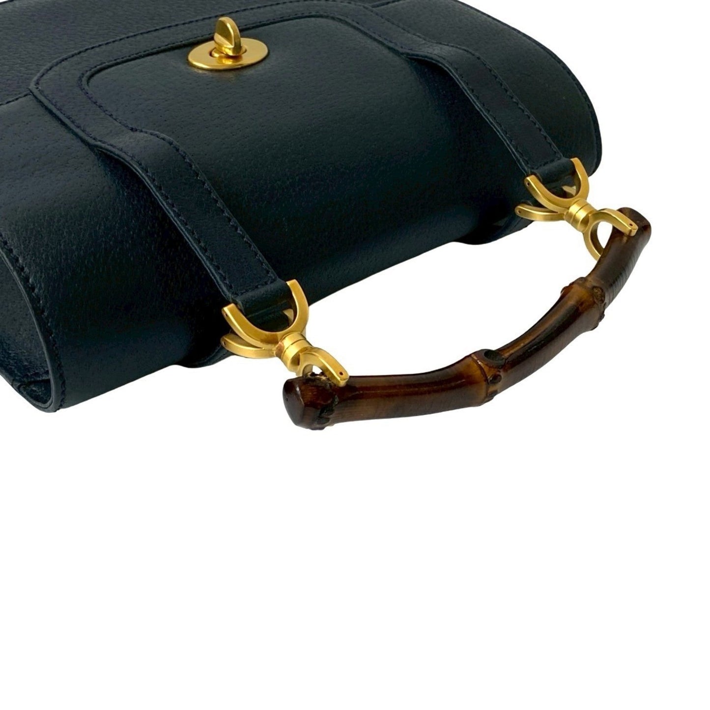 Gucci Navy Leather Bamboo Handbag Shoulder Bag ( )