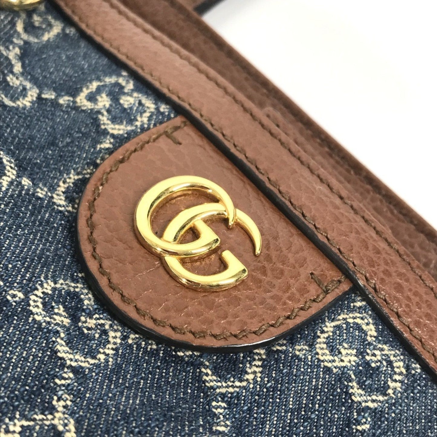 Gucci Blue Brown Denim Leather Shoulder Bag Tote Bag ( )