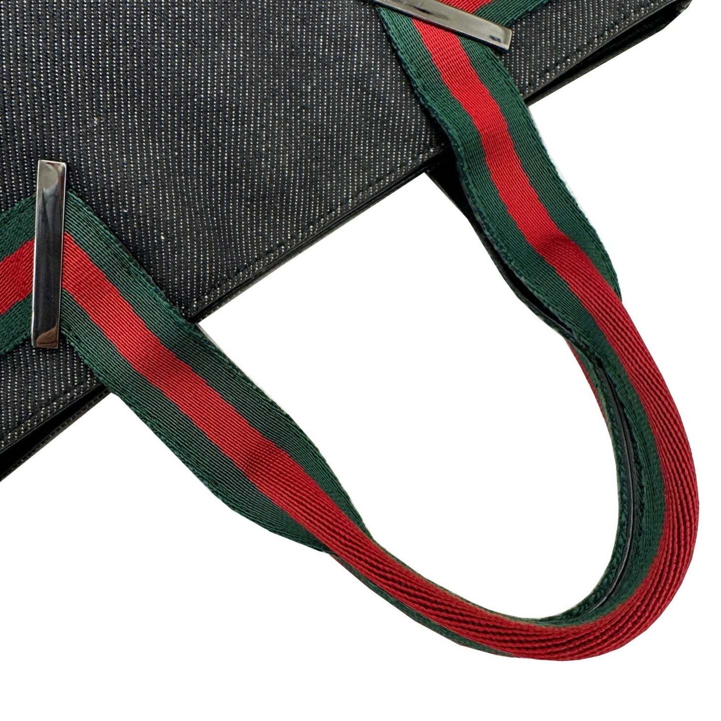 Gucci Sherry Line Black Denim Leather Handbag Tote Bag ( )