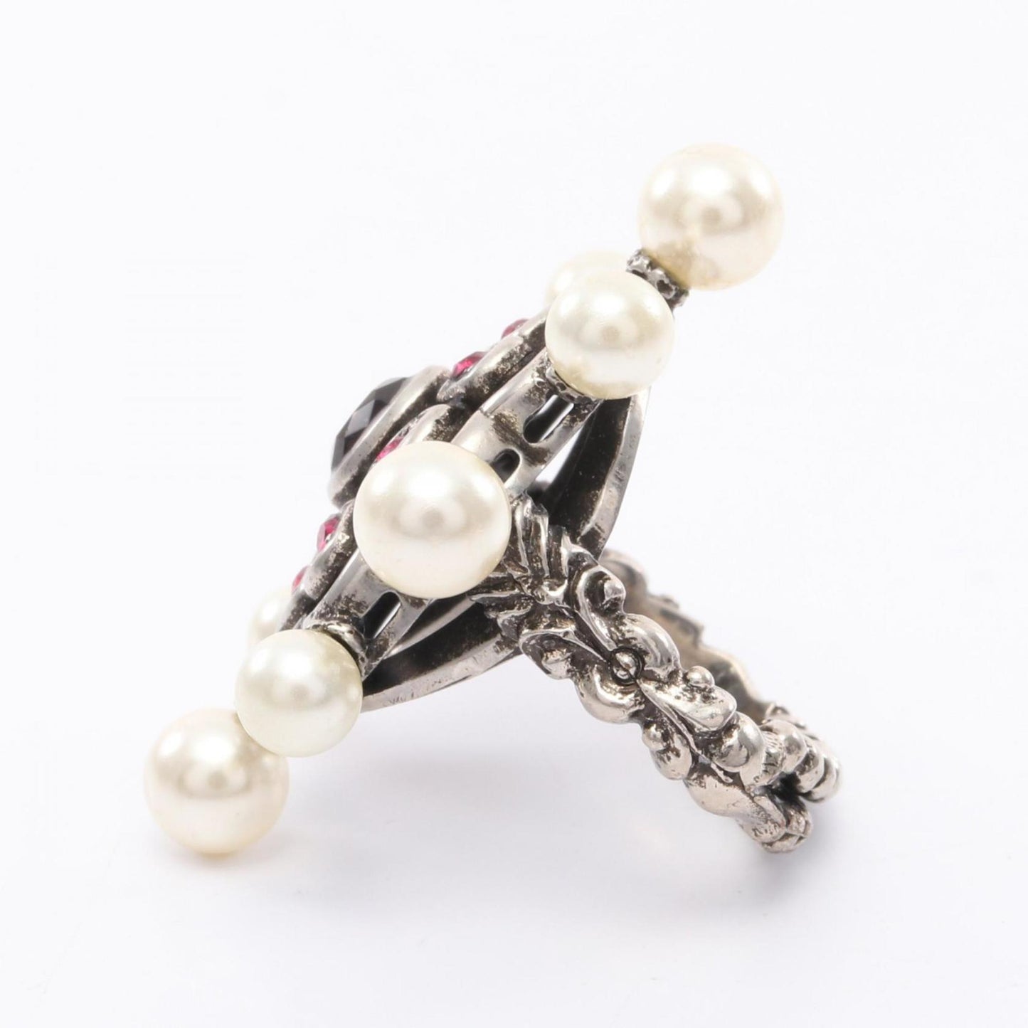 Gucci Silver Pink White Artificial Pearl Rhinestone Stainless Steel Band Ring ( )