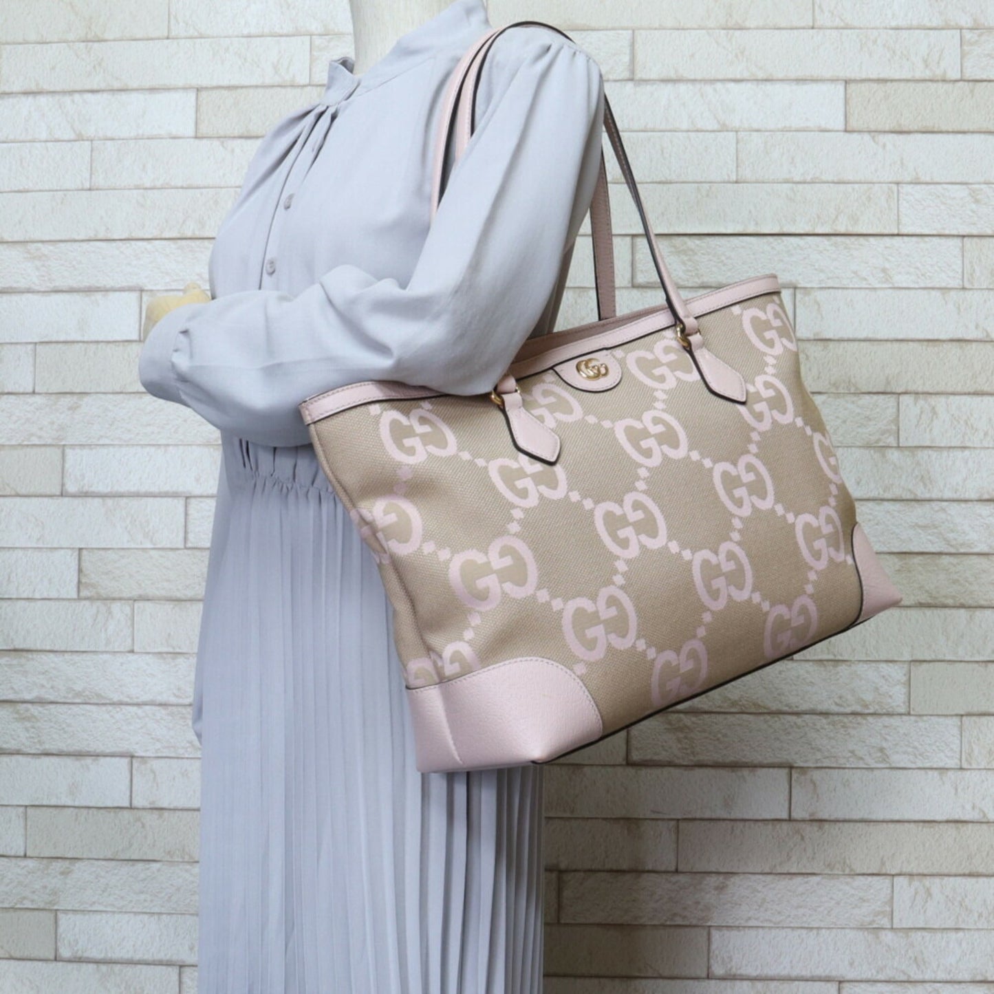 Gucci Beige Pink Canvas Leather Tote Bag ( )