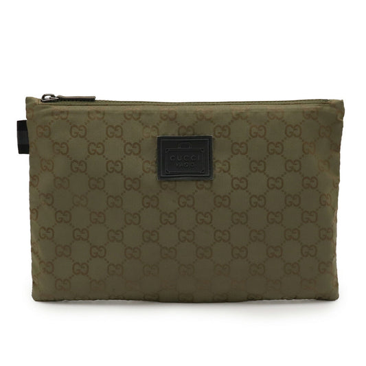 Gucci Green Khaki Nylon Leather Clutch Bag Pouch ( )