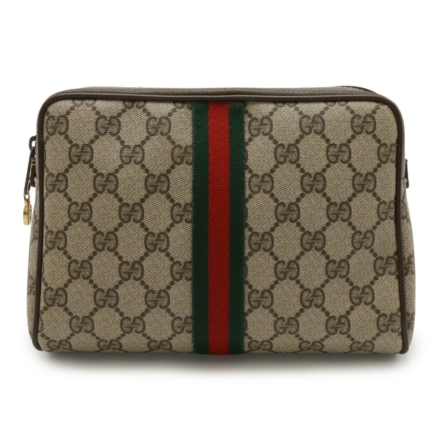 Gucci Beige Brown Green Red Color Coated Canvas Leather Clutch Bag ( )