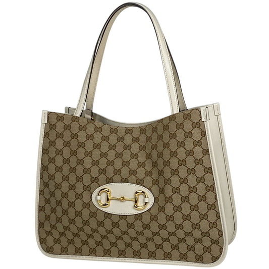 Gucci Beige White Gg Canvas Leather Shoulder Bag Tote Bag ( )