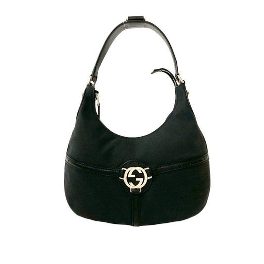 Gucci Black Leather Canvas Handbag Shoulder Bag ( )