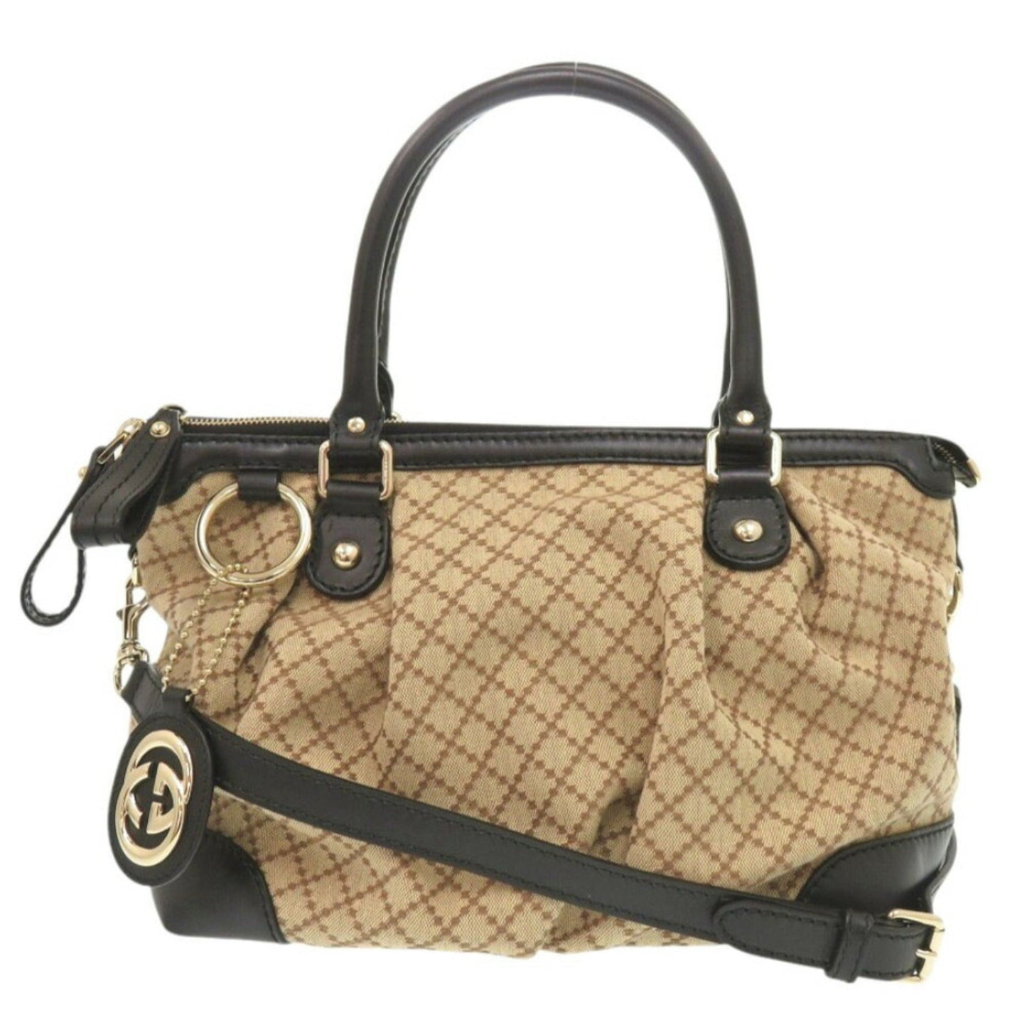 Gucci Beige Black Gg Canvas Leather Handbag ( )
