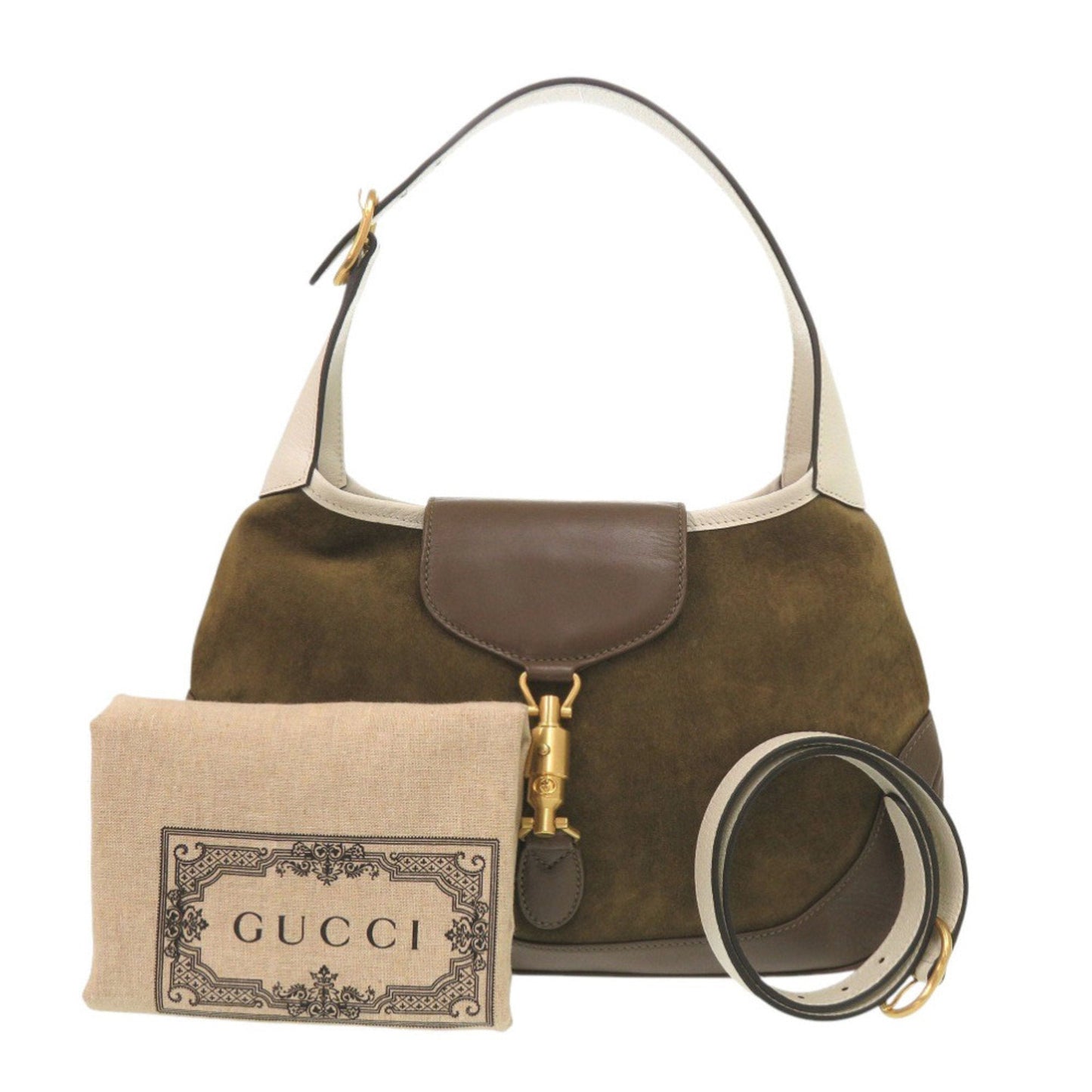 Gucci Brown Ivory Khaki Leather Suede Shoulder Bag ( )