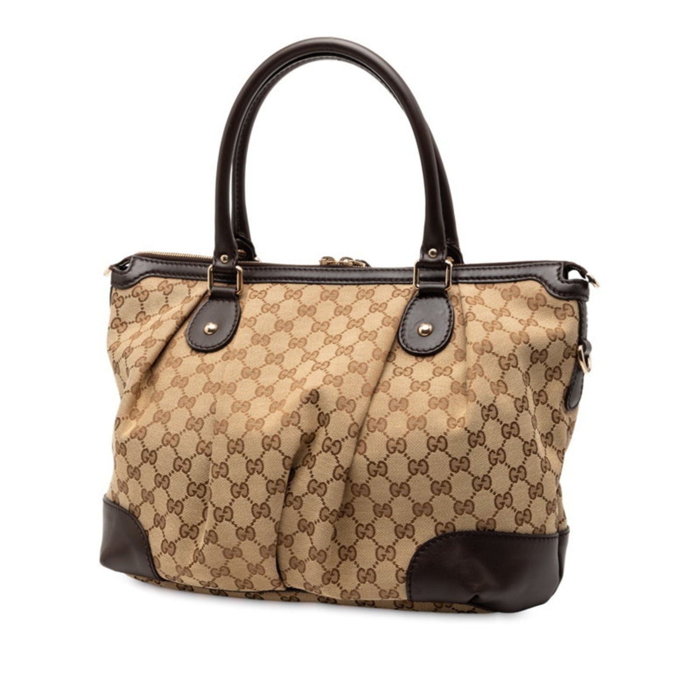 Gucci Beige Brown Canvas Leather Shoulder Bag Tote Bag ( )