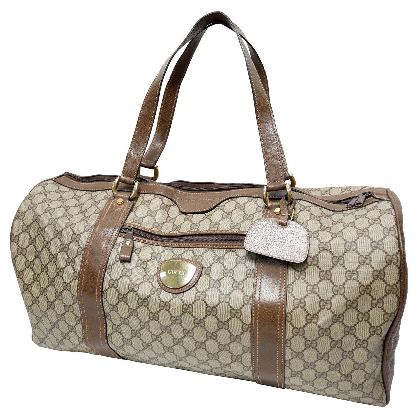 GUCCI Old Gucci Vintage Travel Bag Boston Unisex 1970's 70'S GG Pattern / Pigskin Gold Hardware Brown Beige