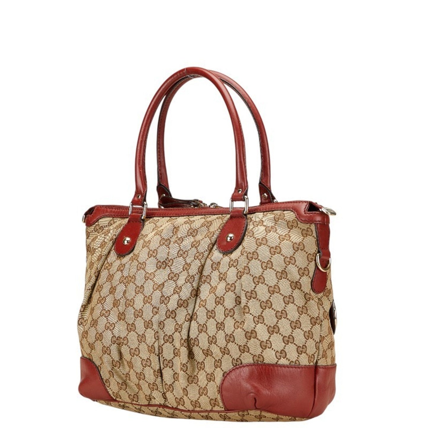 Gucci Beige Red Color Canvas Leather Shoulder Bag Tote Bag ( )