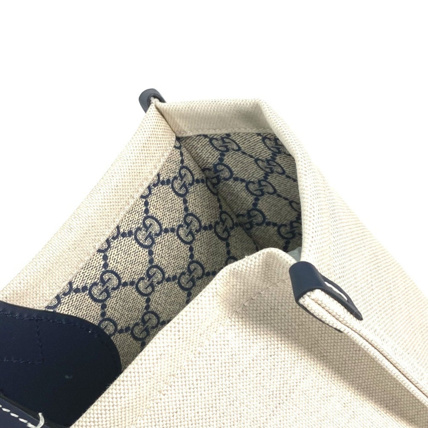 Gucci Beige Black Dark Navy Canvas Leather Shoulder Bag Tote Bag ( )