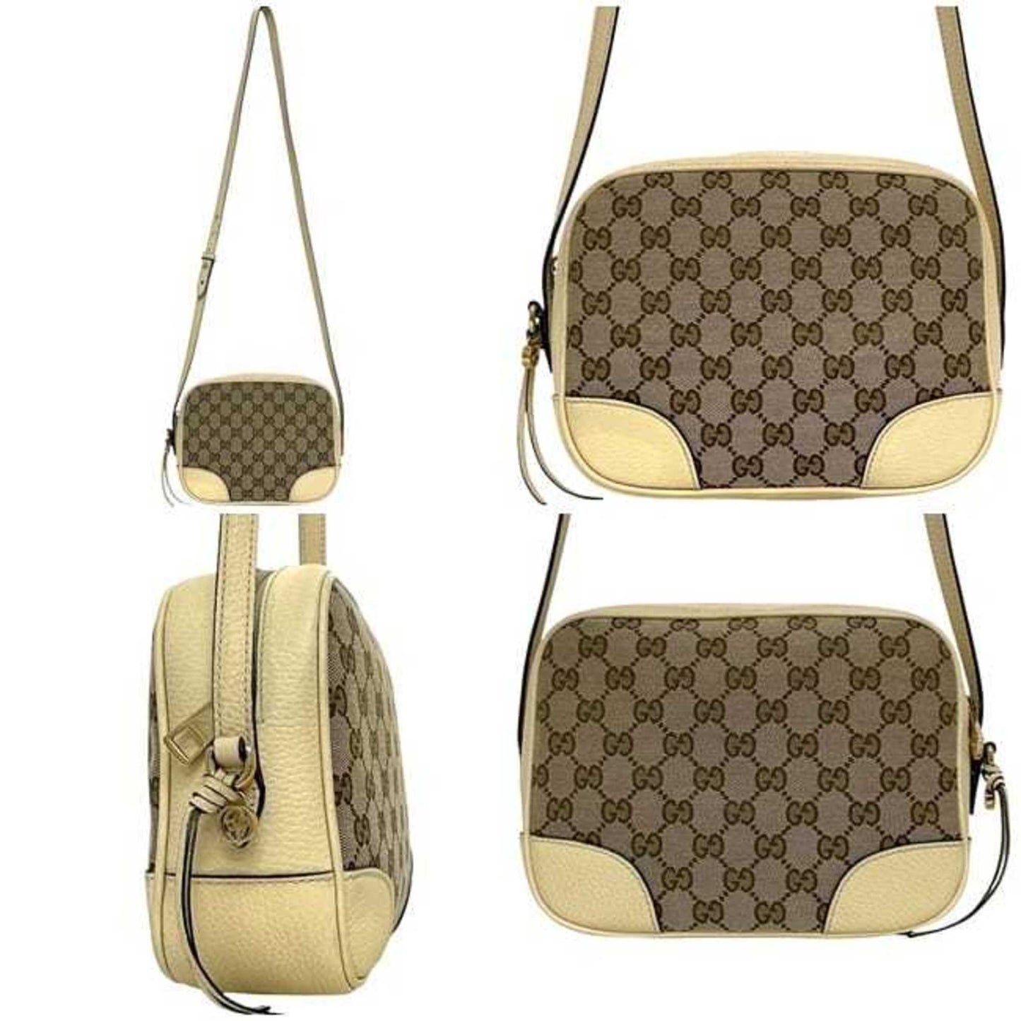Gucci Beige White Canvas Leather Shoulder Bag ( )