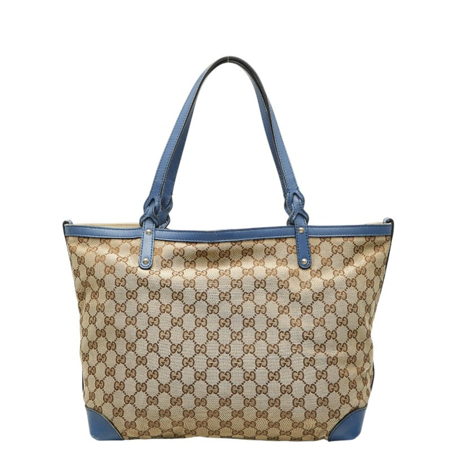 Gucci Beige Blue Canvas Leather Tote Bag ( )