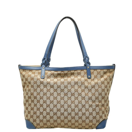 Gucci Beige Blue Canvas Leather Tote Bag ( )