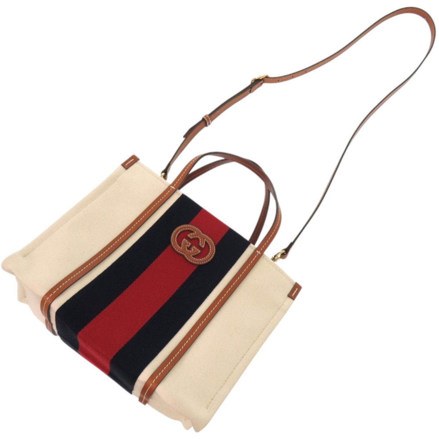 Gucci Sherry Line Navy Red Color White Canvas Tote Bag ( )