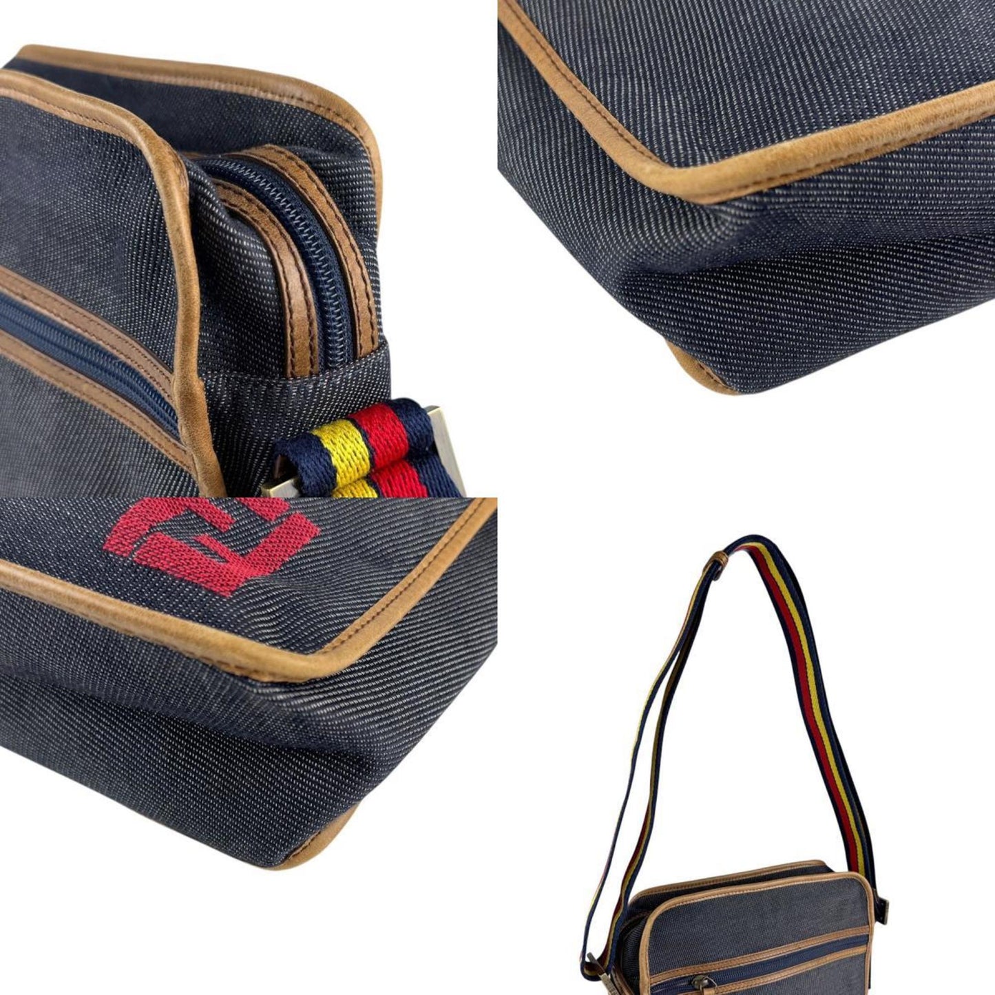 Christian Dior Brown Navy Denim Leather Shoulder Bag ()
