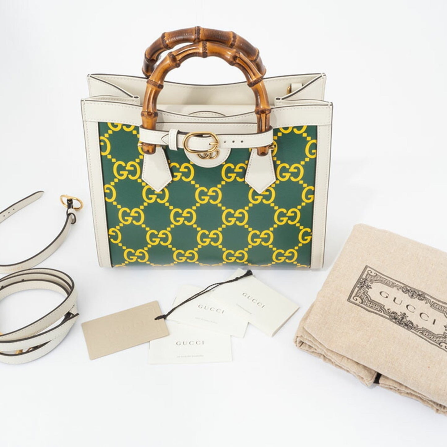 Gucci Green White Yellow Leather Handbag ( )