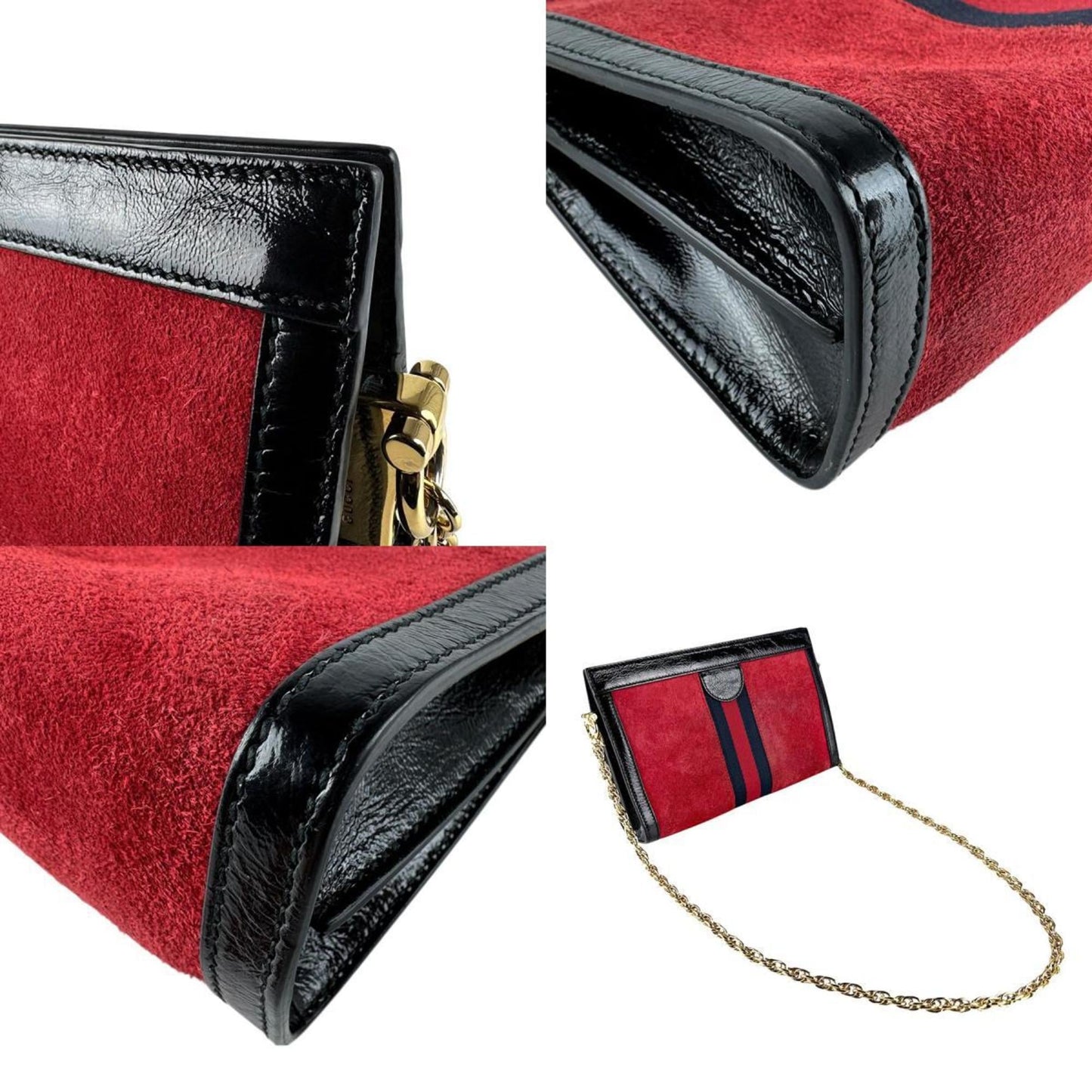 Gucci Black Red Color Suede Patent Leather Shoulder Bag ( )