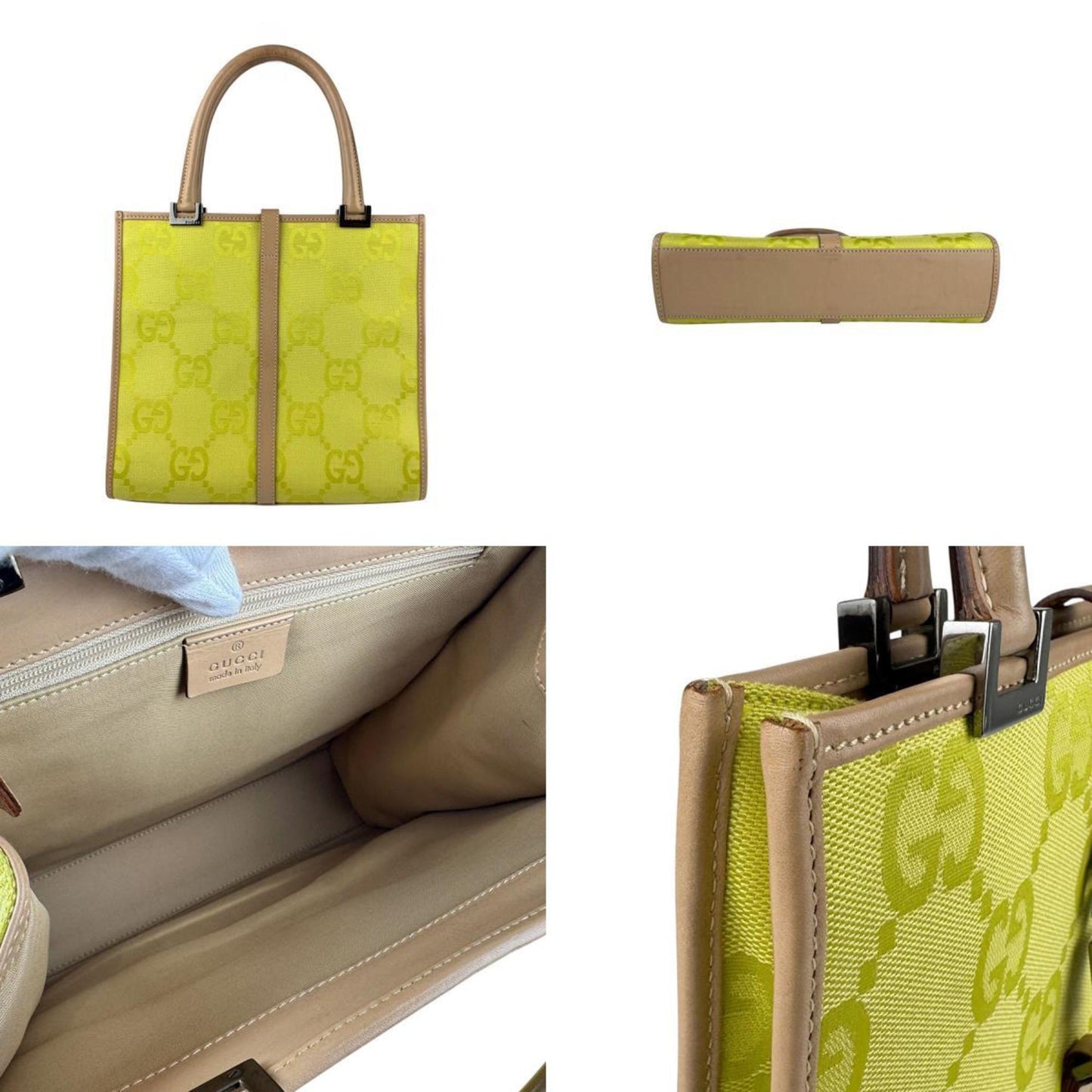 Gucci Beige Green Yellow Nylon Canvas Leather Handbag Shoulder Bag ( )