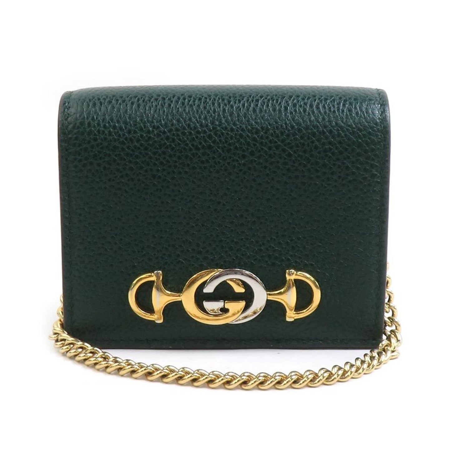 Gucci Gold Silver Dark Green Leather Metal Chain/Shoulder Wallet ( )