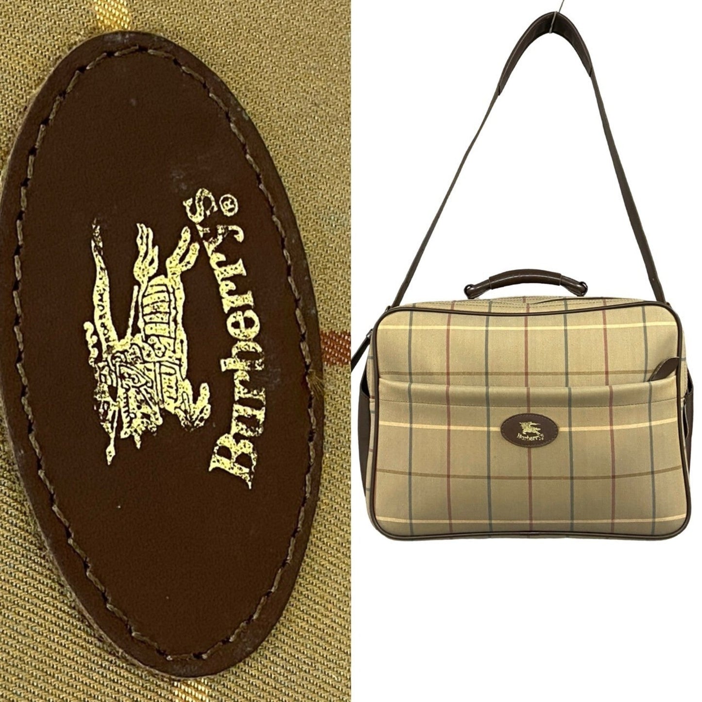 Burberry Brown Khaki Canvas Leather Boston Bag Shoulder Bag ( )
