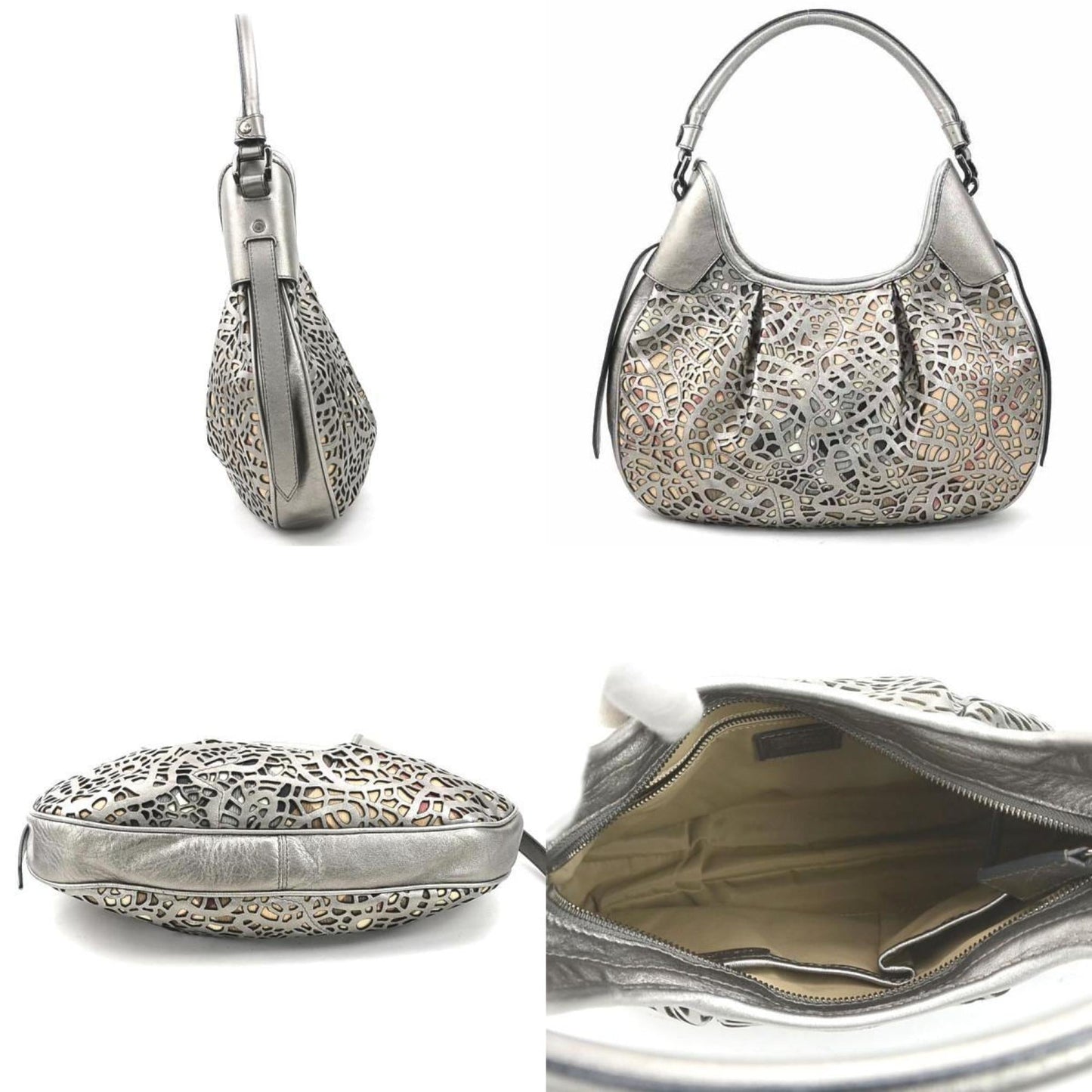 Burberry Beige Metallic Gray Leather Canvas Shoulder Bag ( )