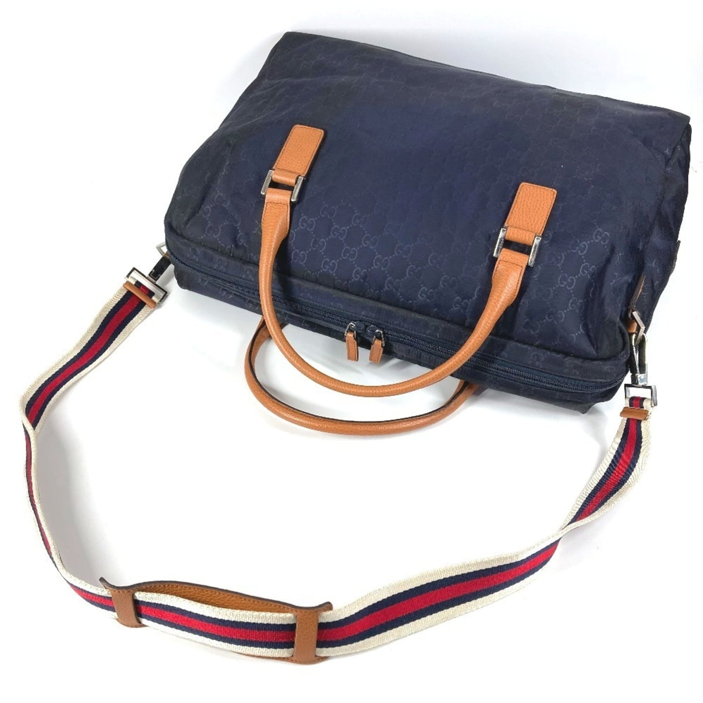 Gucci Brown Navy Nylon Leather Boston Bag ( )