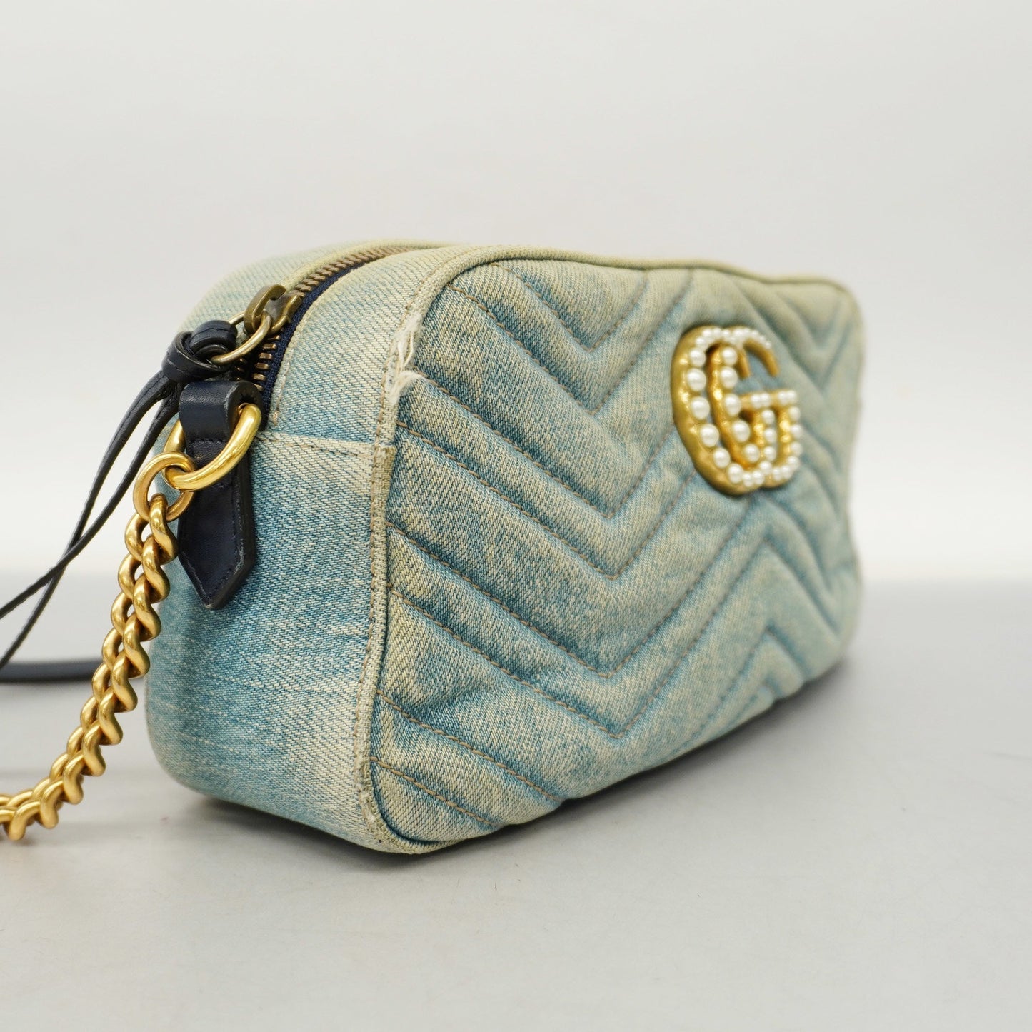 GUCCI Auth  GG Marmont Shoulder Bag Velor 447632 Women's Denim Light Blue