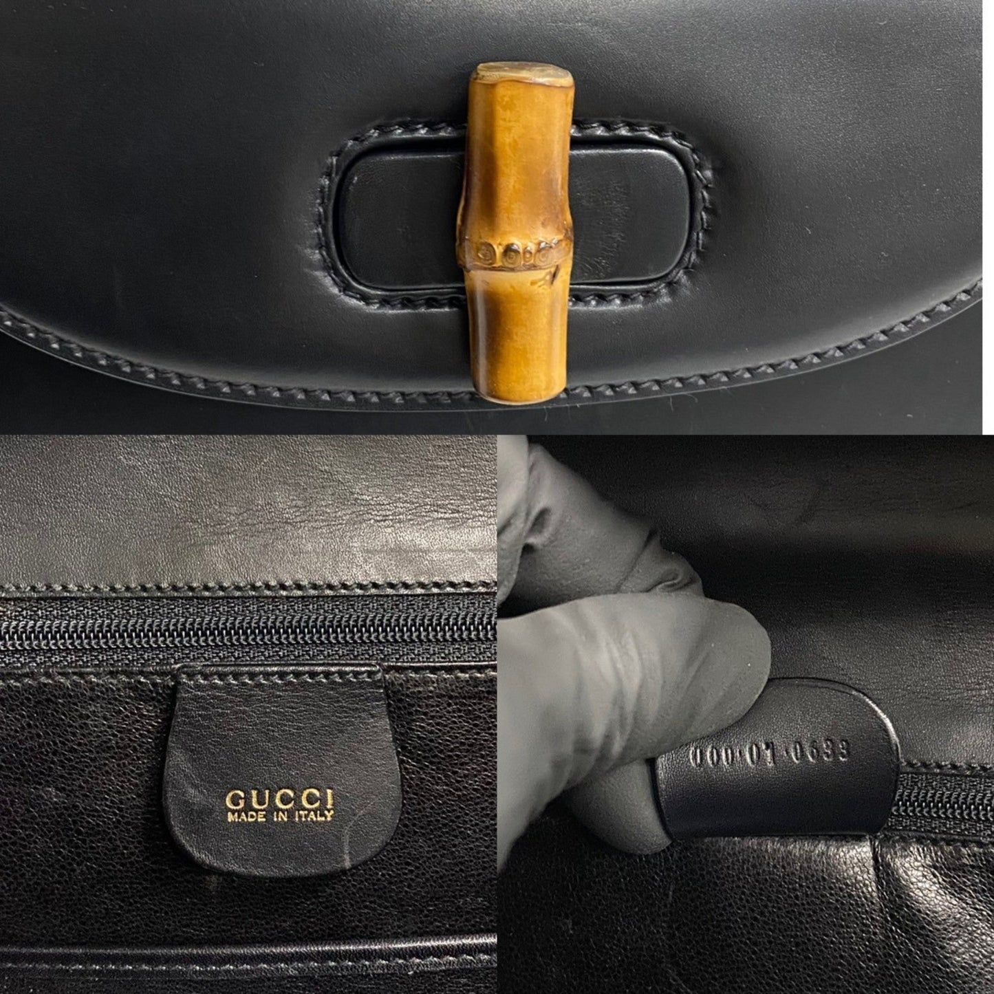 Gucci Black Bamboo Leather Handbag Tote Bag ( )