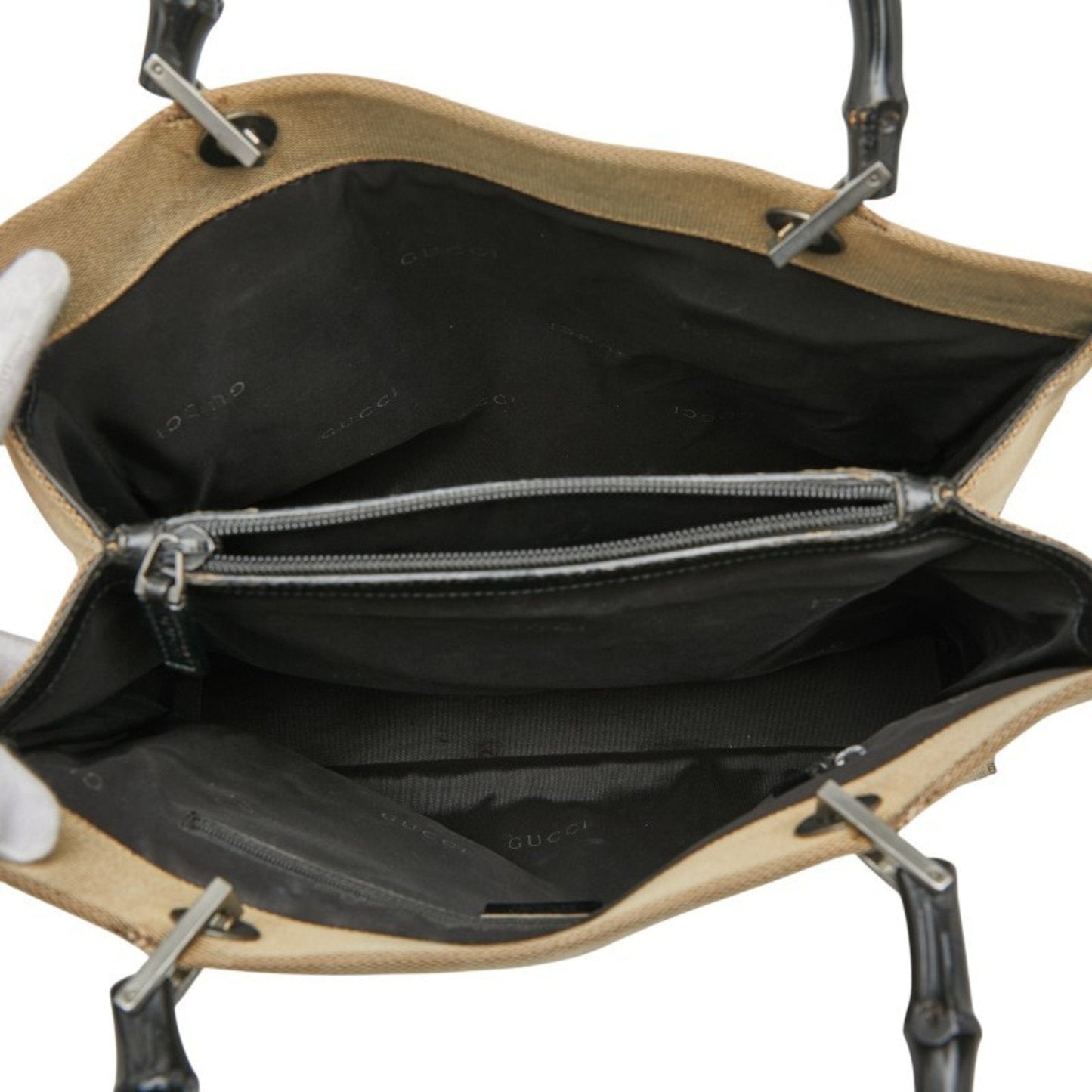 Gucci Bamboo Beige Black Canvas Handbag Tote Bag ( )