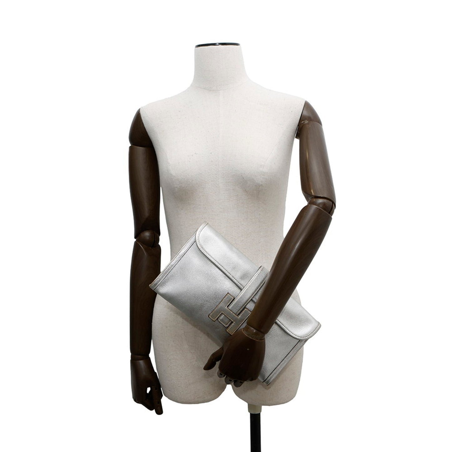 Hermes Jige Silver Chevre Myzore Leather Clutch Bag ( )