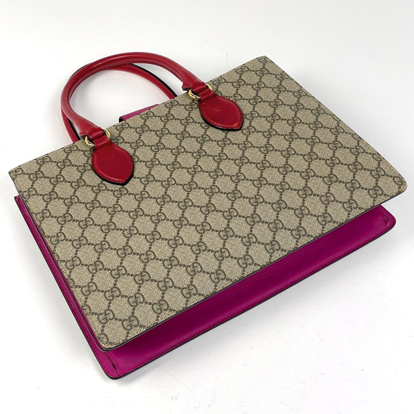 Gucci Brown Pink Red Color Coated Canvas Leather Handbag Shoulder Bag ( )