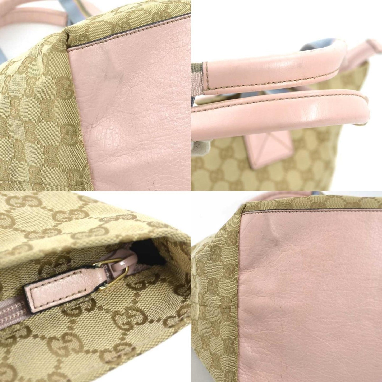 Gucci Beige Blue Pink Gg Canvas Leather Shoulder Bag Tote Bag ( )