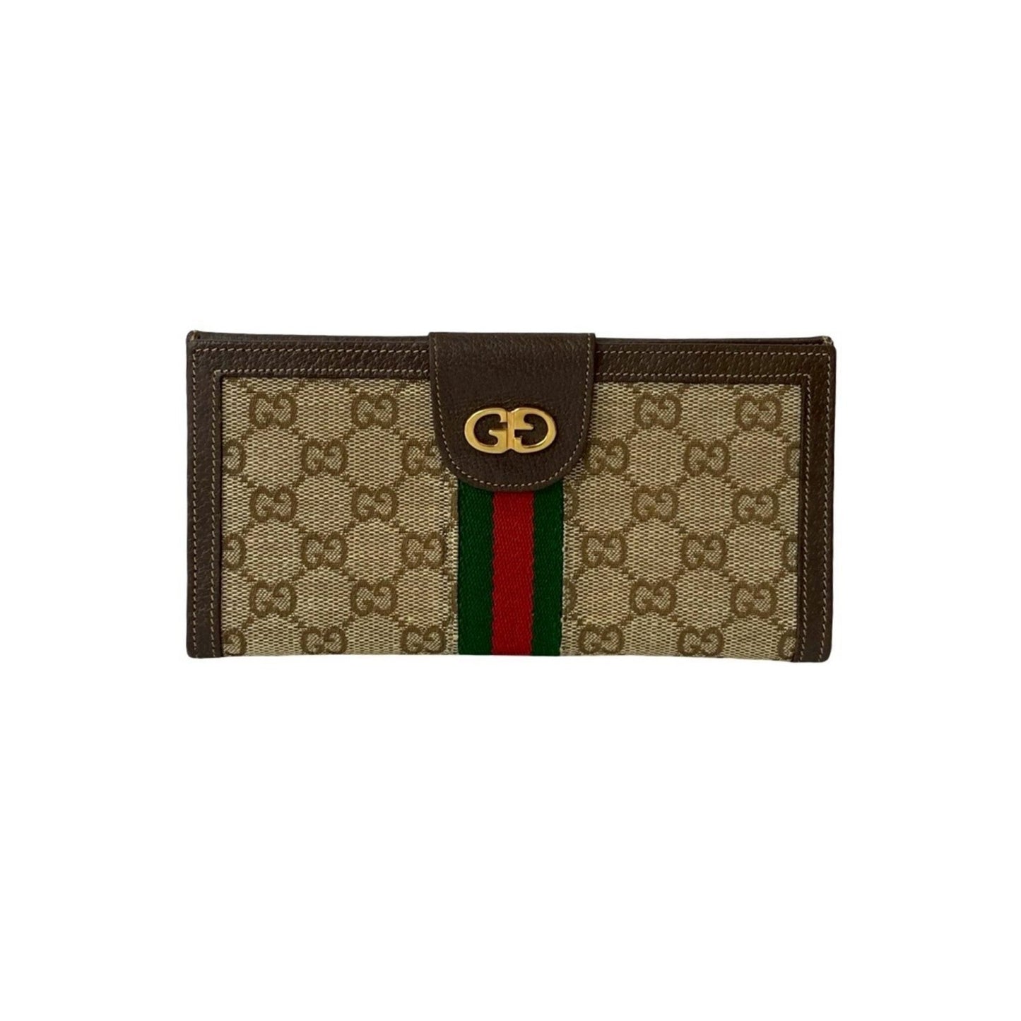 Gucci Brown Green Red Color Leather Canvas Long Wallet (Bi-Fold) ( )