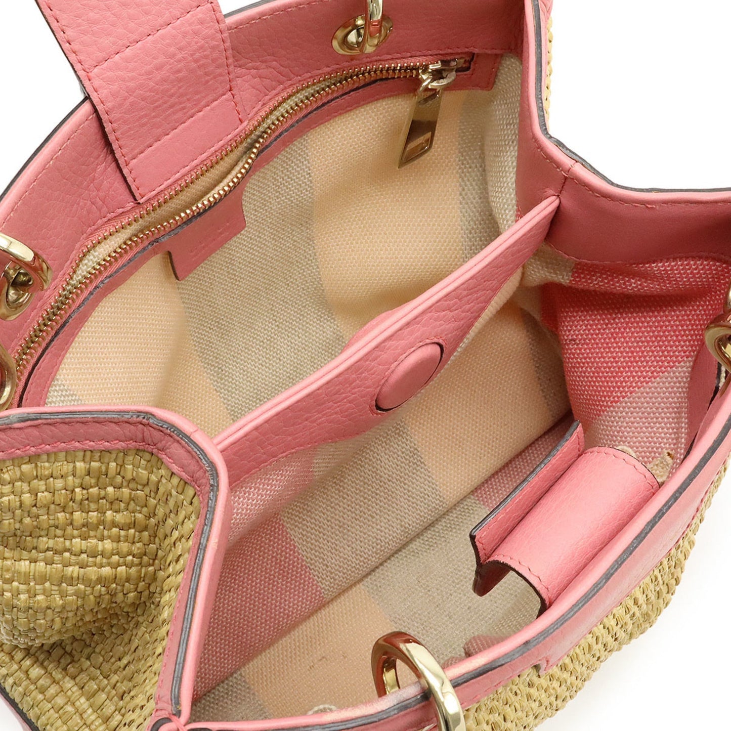 Gucci Pink Straw Leather Bamboo Handbag Shoulder Bag ( )