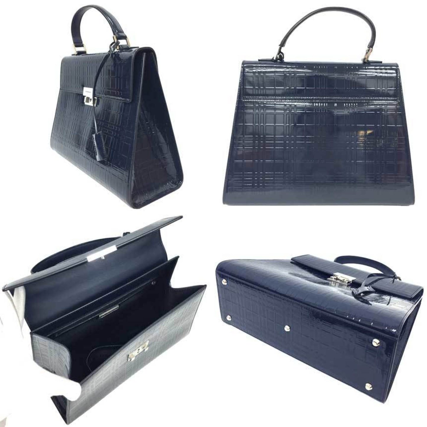 Burberry Navy Patent Leather Handbag Tote Bag ( )