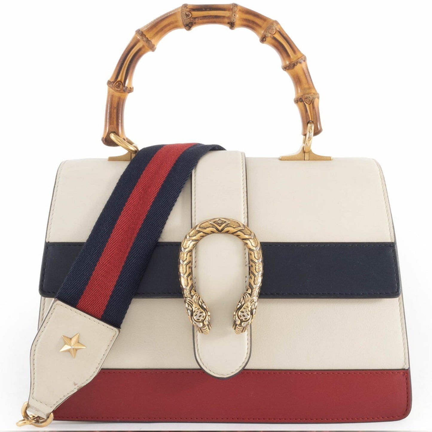 Gucci Ivory Navy Red Color Bamboo Leather Shoulder Bag ( )