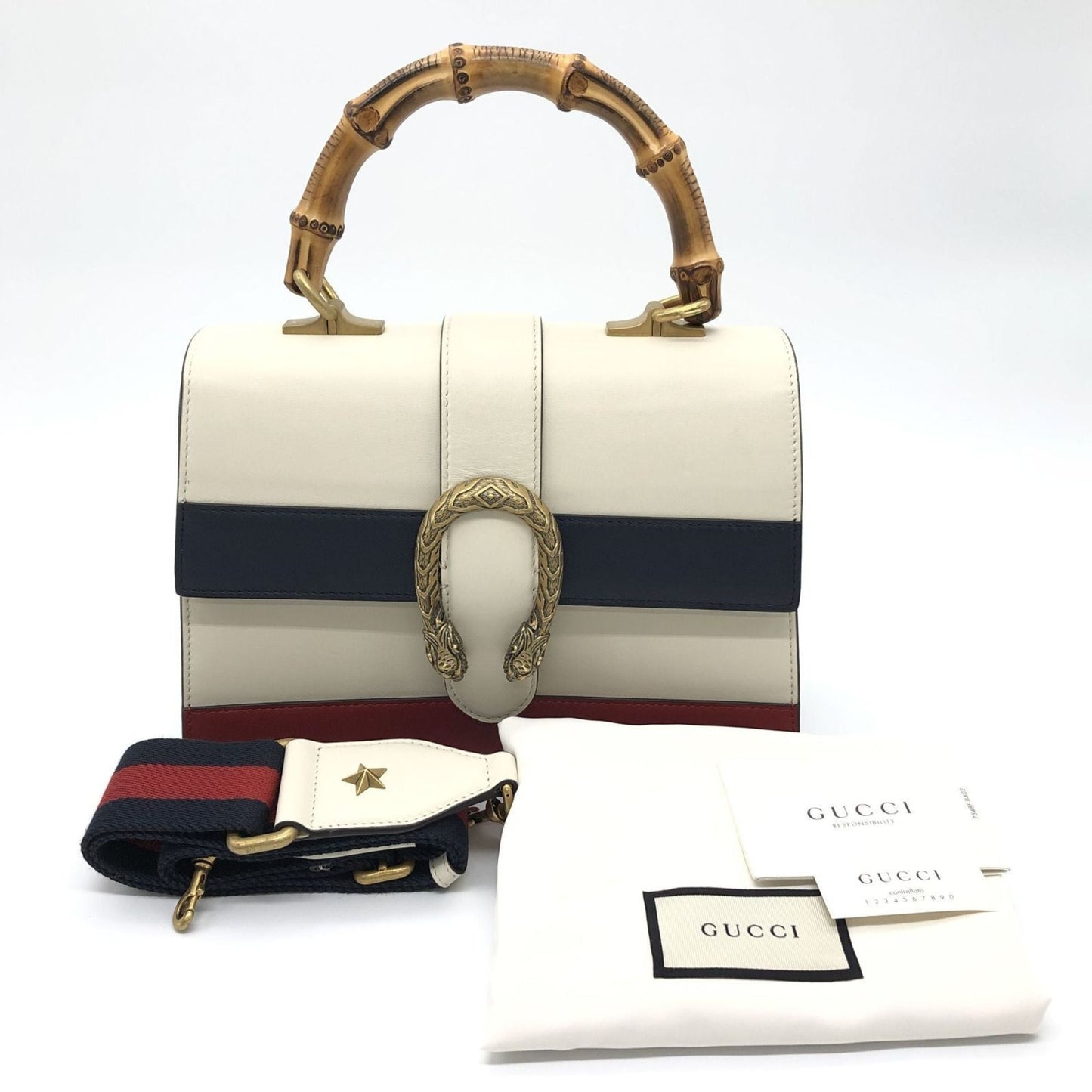 Gucci Ivory Navy Red Color Bamboo Leather Handbag ( )