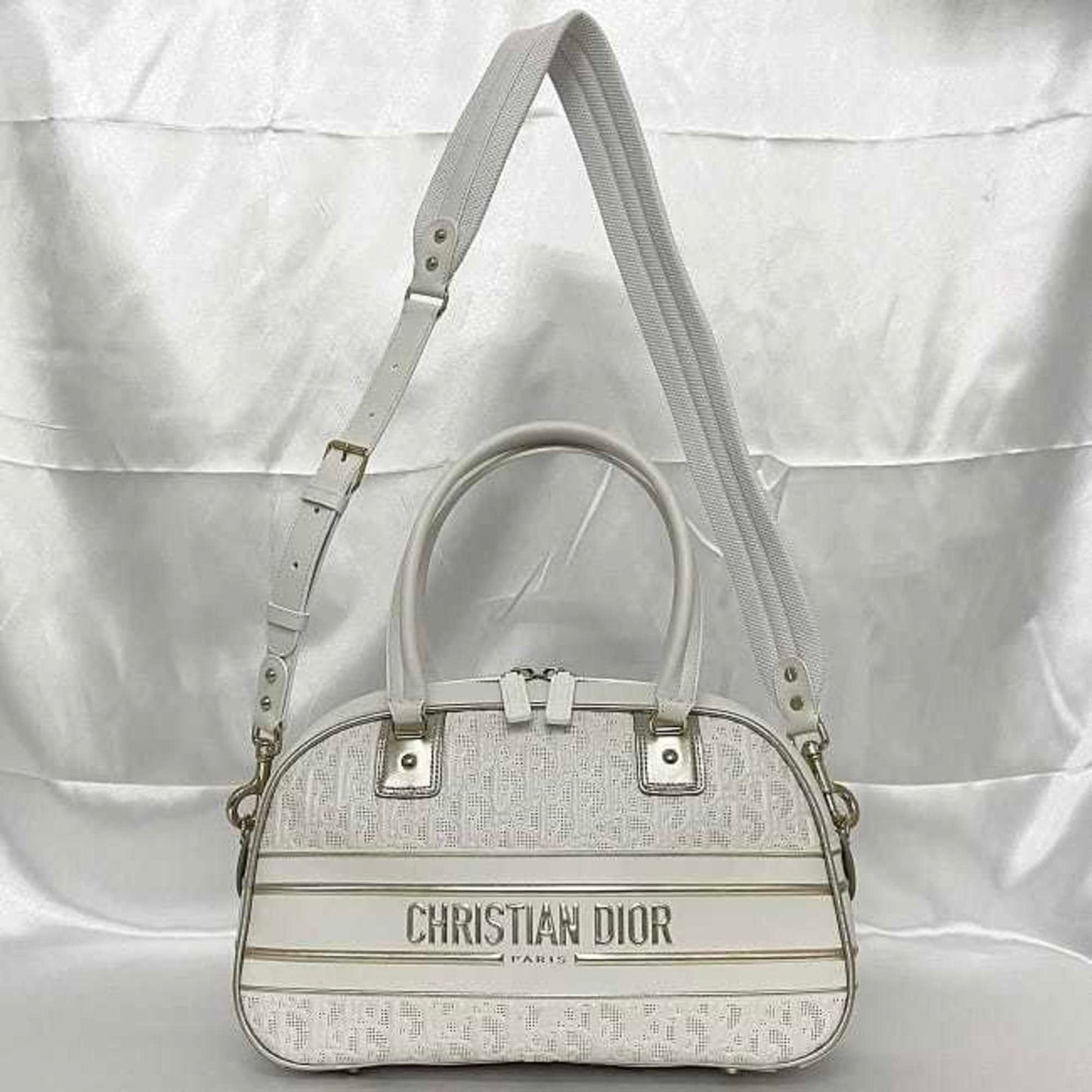 Christian Dior Trotter White Leather Rubber Boston Bag Handbag ()