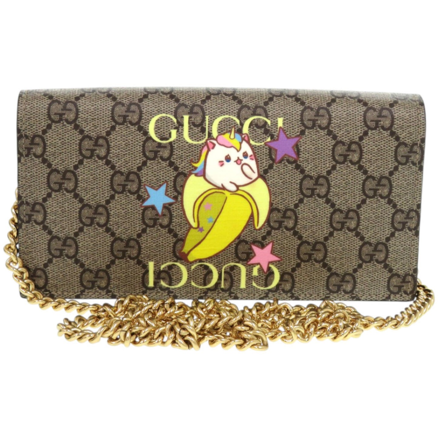 Gucci Beige Brown Multi-Color Gg Supreme Chain/Shoulder Wallet ( )
