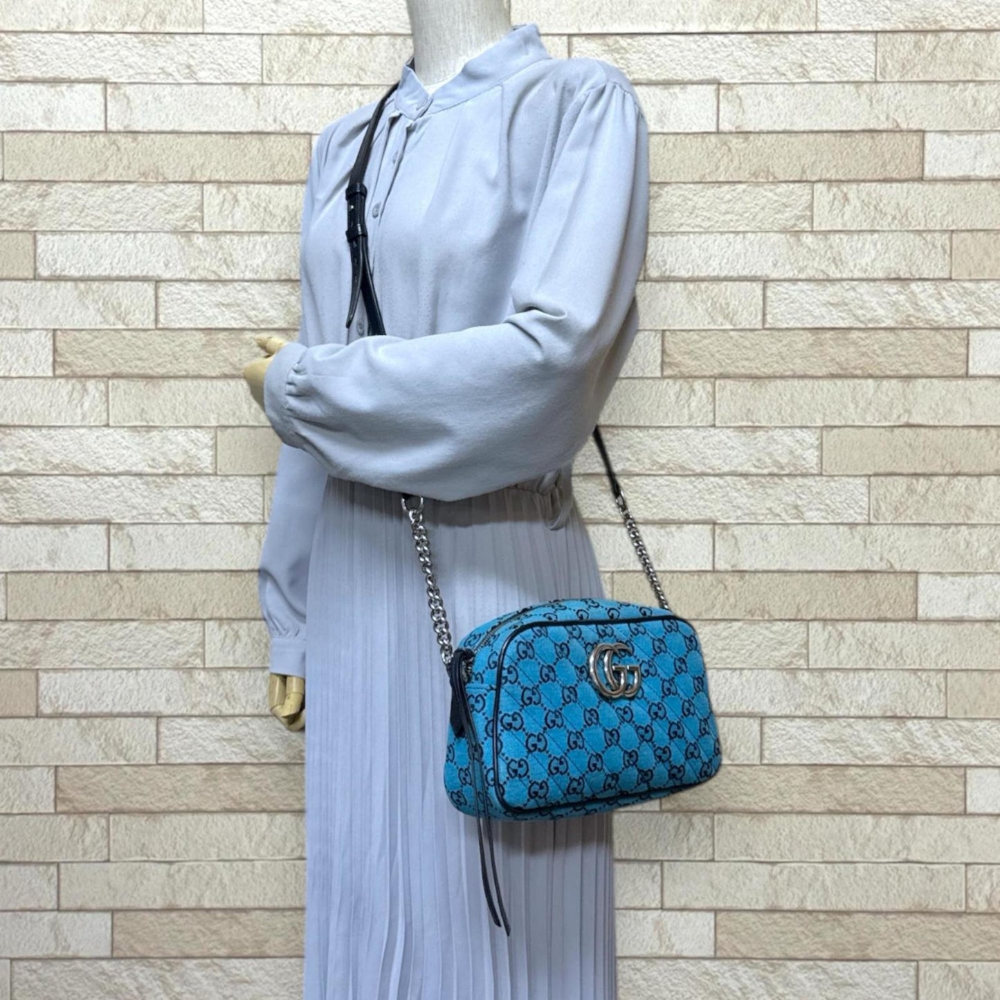 Gucci Gg Marmont Blue Navy Canvas Leather Shoulder Bag ( )