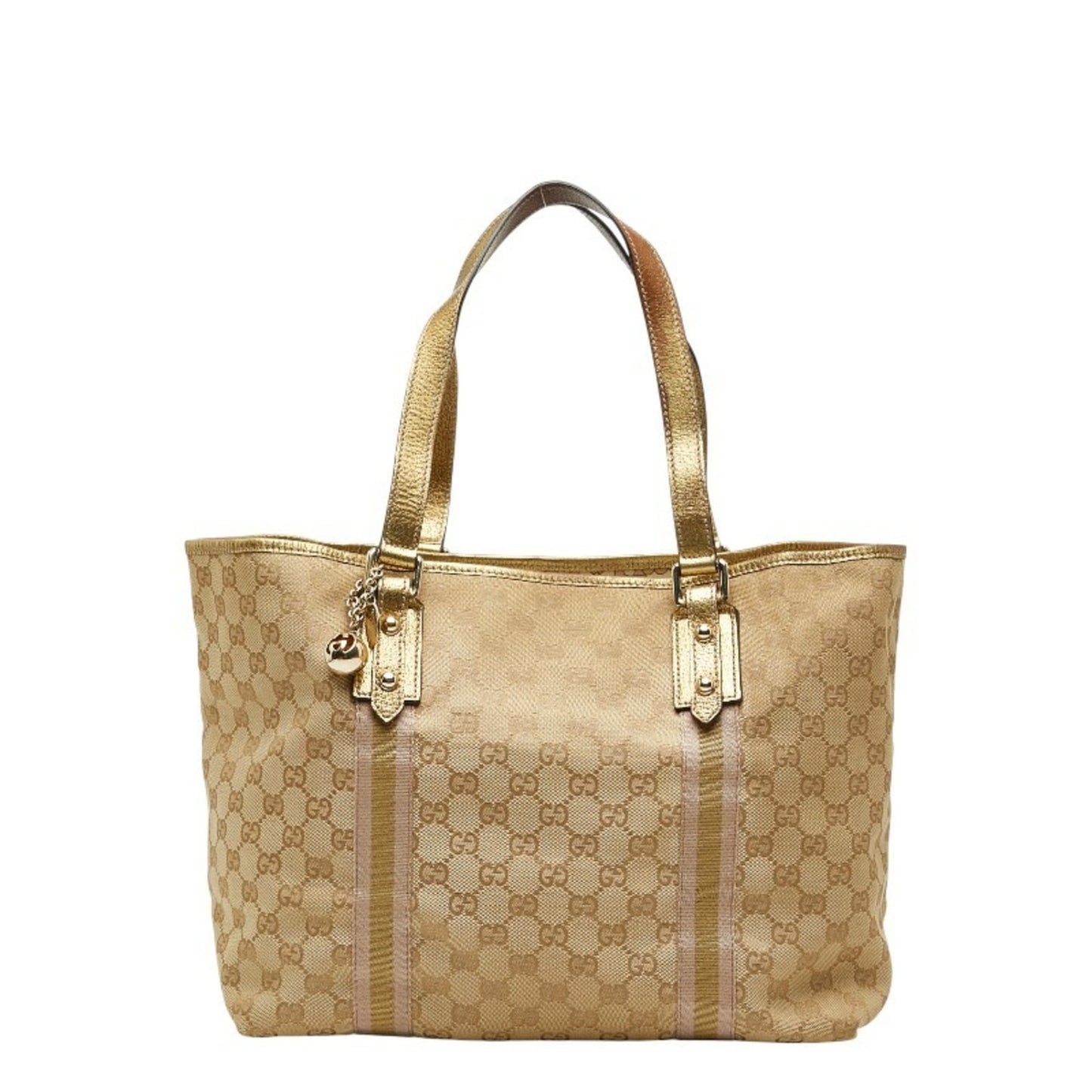 Gucci Brown Gold Canvas Leather Handbag Tote Bag ( )
