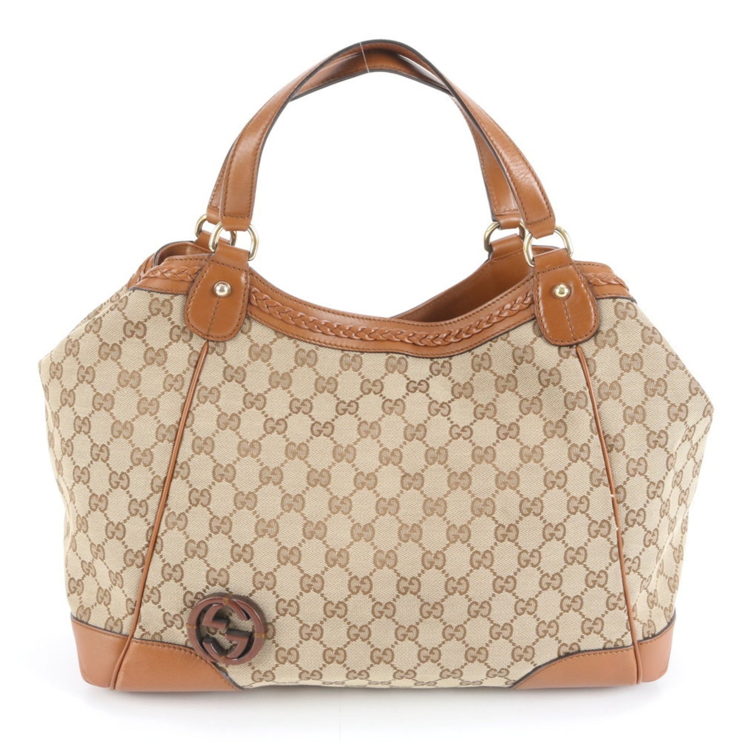Gucci Brown Leather Canvas Tote Bag ( )