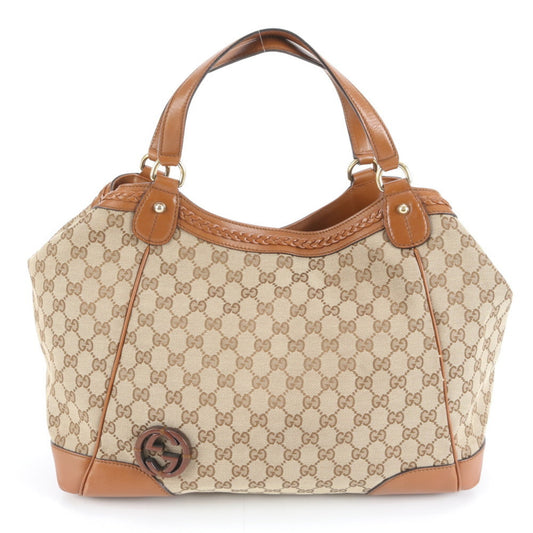 Gucci Brown Leather Canvas Tote Bag ( )
